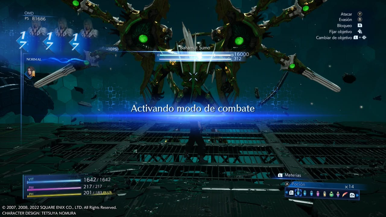 Pantalla de inicio del combate donde hay un megadragón que en vez de escamas tiene armadura y hay como espadas como plumas a su alrededor, osea un megabahamut de la putísima reputísima hija de la gran reputísima muerte